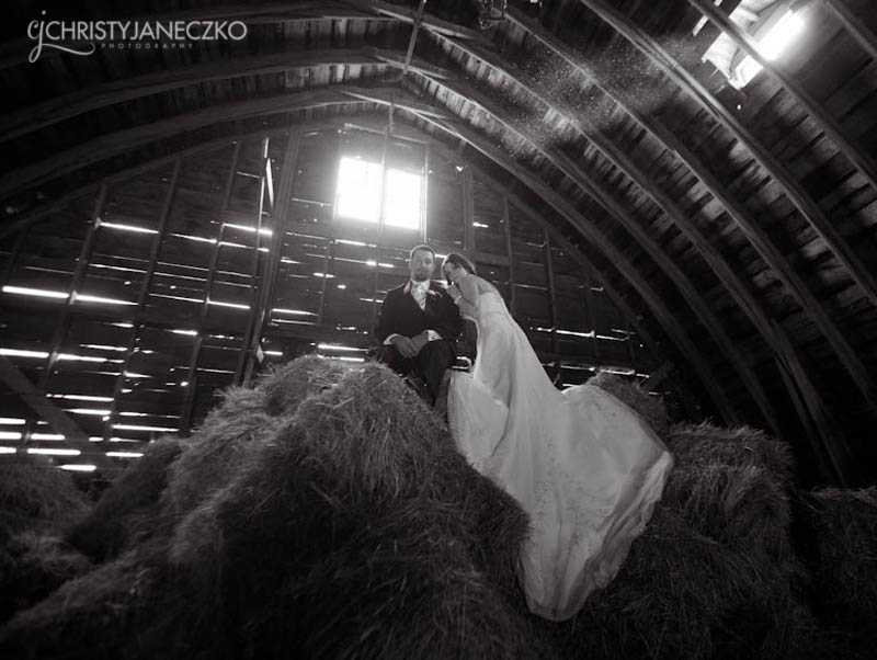 barn wedding hay mow couple