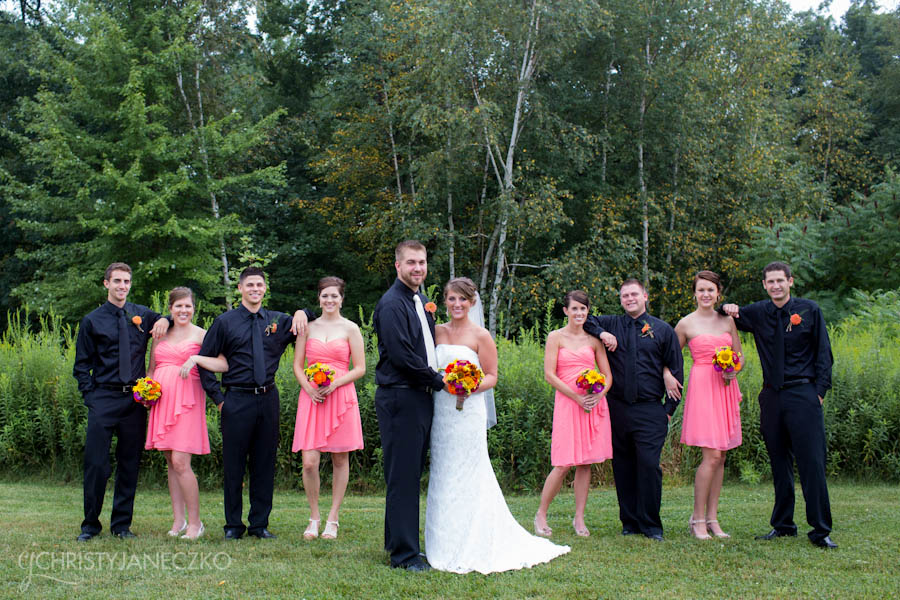 bridal party forest wedding coral dresses
