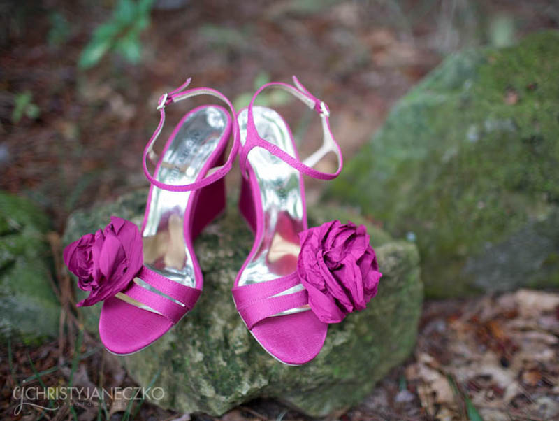 pink flower wedding shoes outside