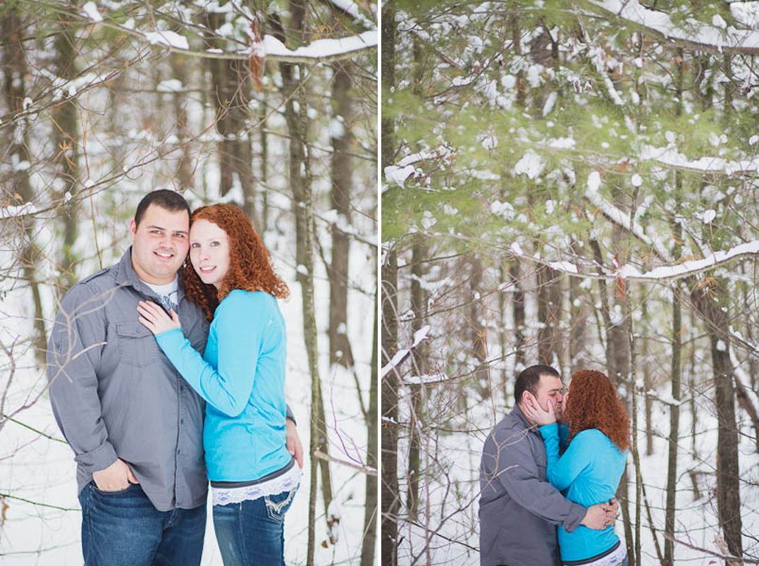 wooded engagement session winter snowy trees bloomer wi