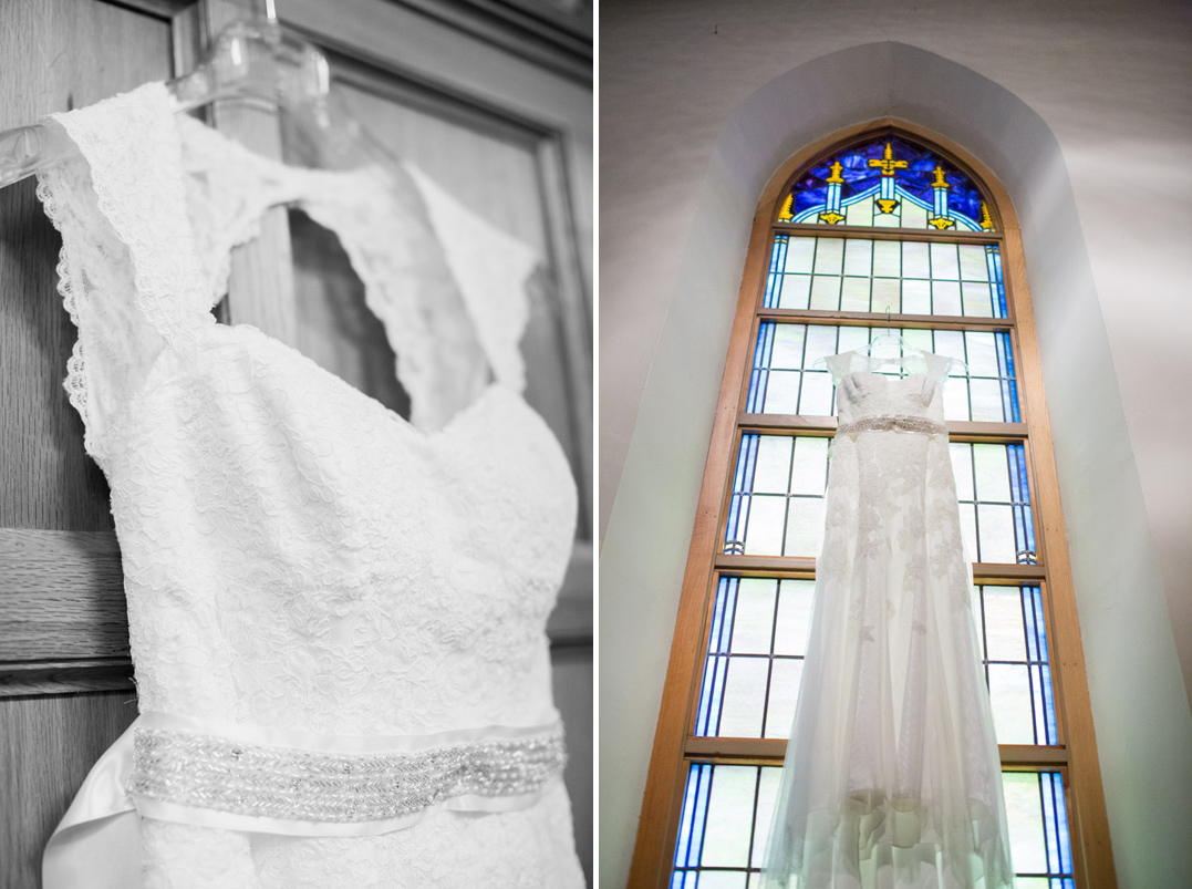 open back lace dress hanging in stained glass window menomonie wi wedding
