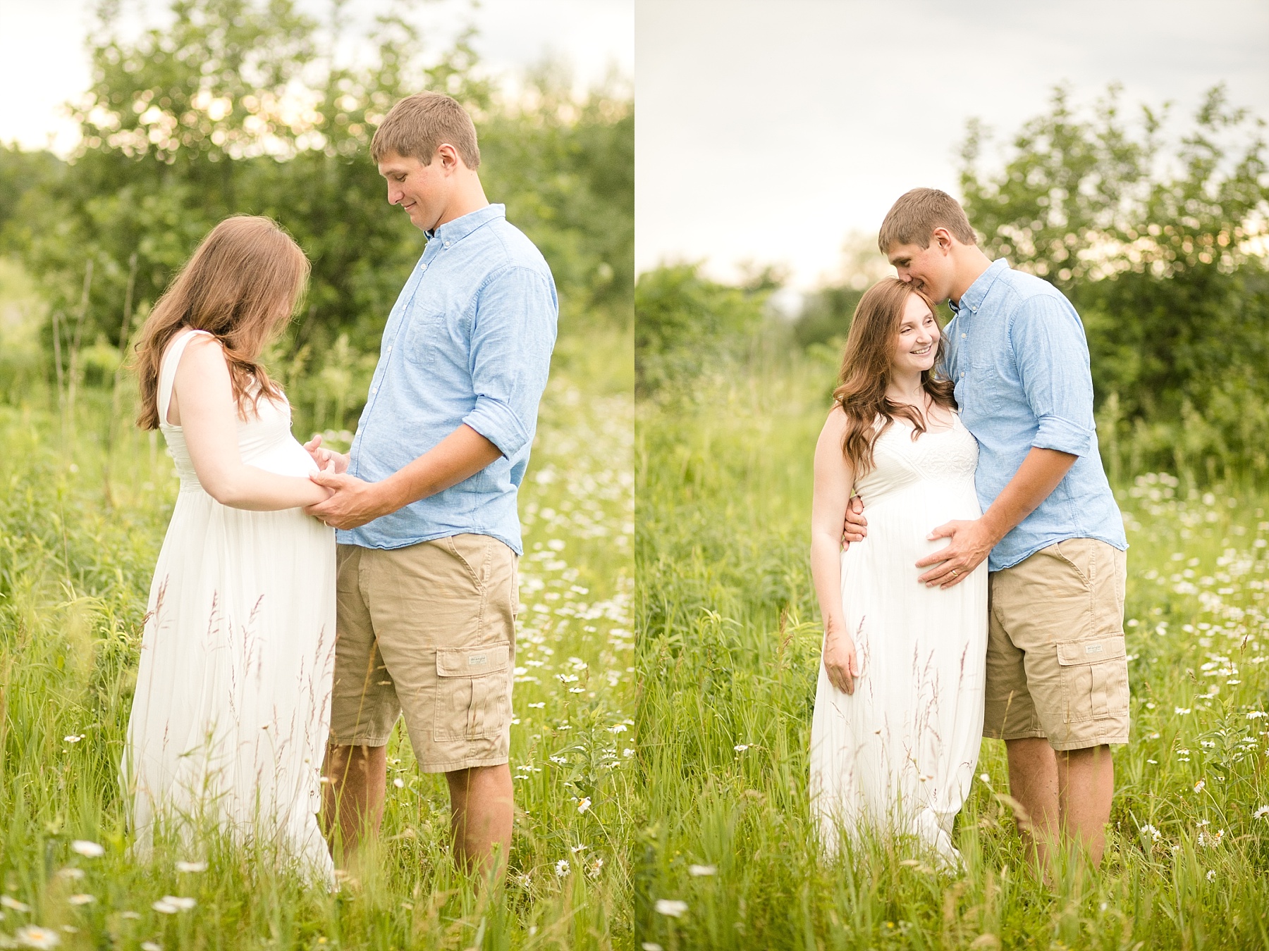 They walked through fields of daisies as the rain started to softly fall for this Wisconsin maternity session.