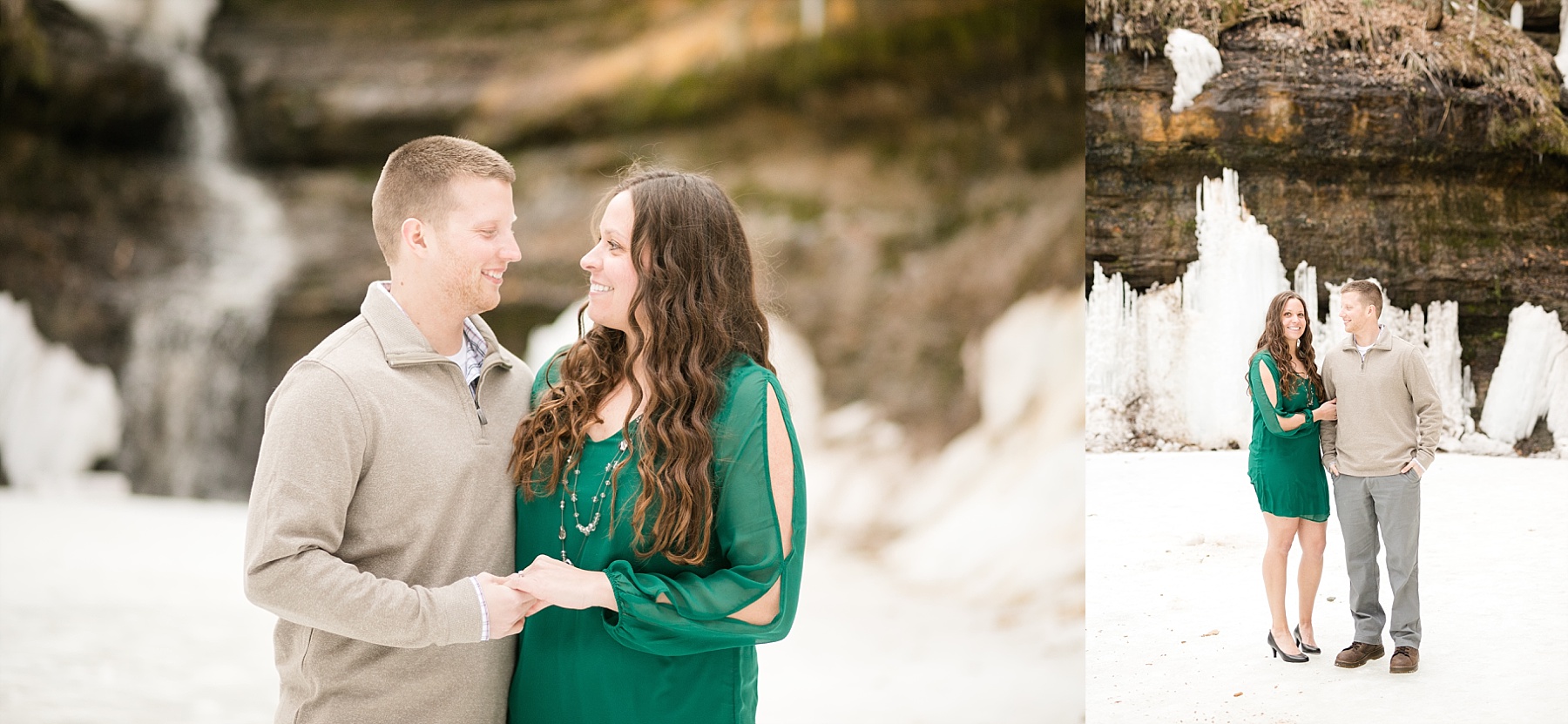 Ice hanging from the rock formations at Devils Punchbowl in Menomonie made for a great setting for Marie & Austin's engagement photos.