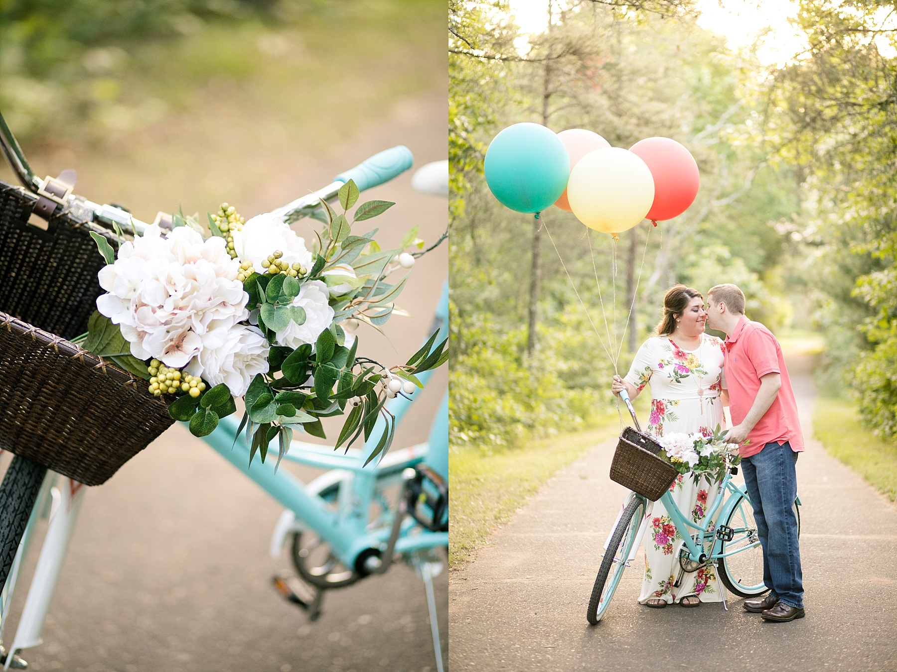 A vintage looking Schwinn with a bike basket & big round balloons were the cutest accessories for Jessica & Bradley's Eau Claire engagement photos.