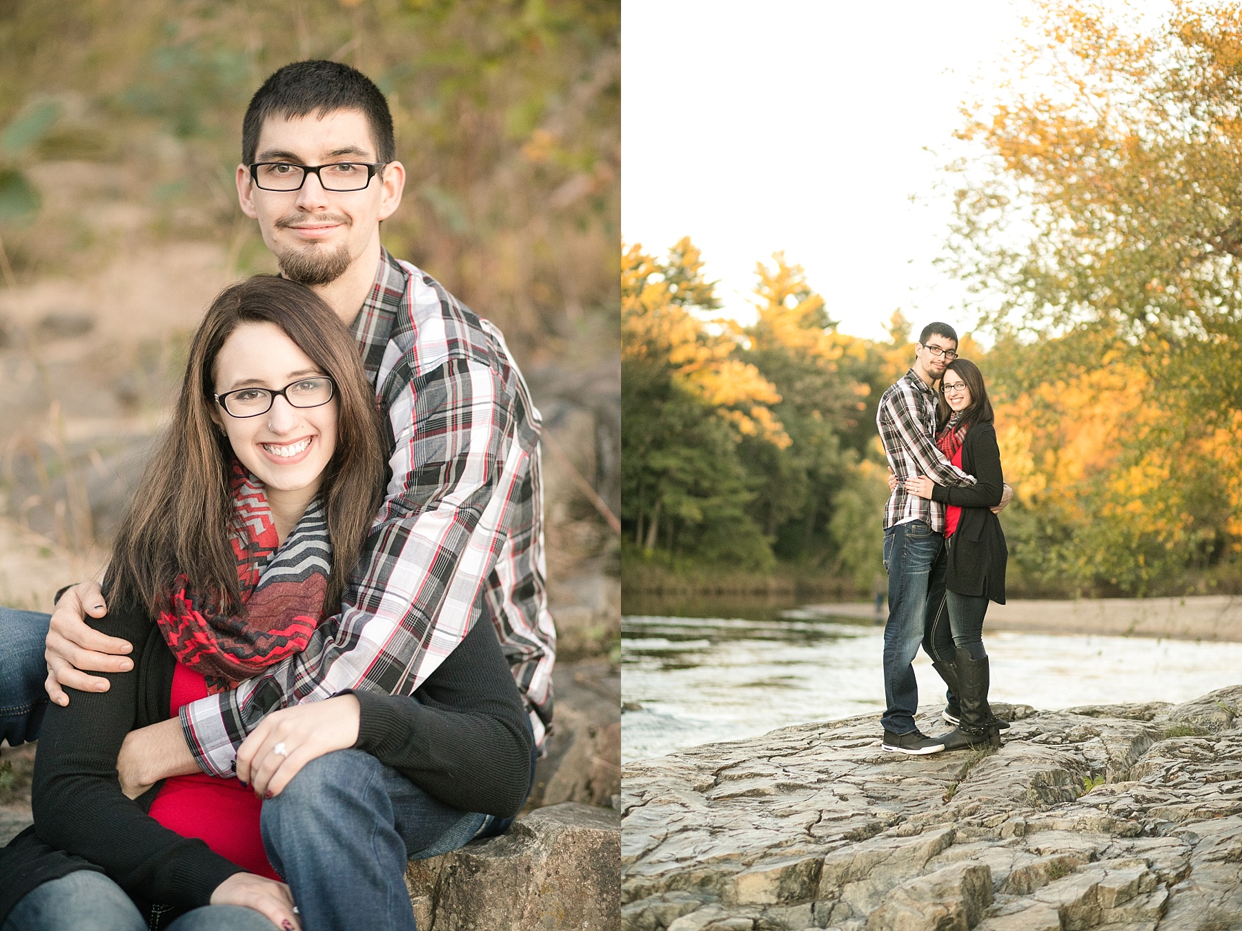 Couple smiling at the camera for engagement photos at Big Falls in Eau Claire.