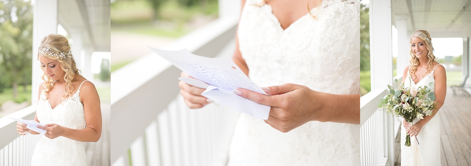 bride reading letter from the groom at Lake Wissota Golf & Events