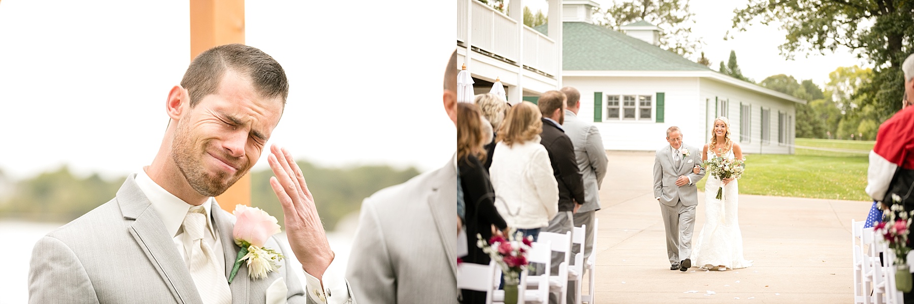 groom crying as bride is walking down the aisle at Lake Wissota Golf & Events
