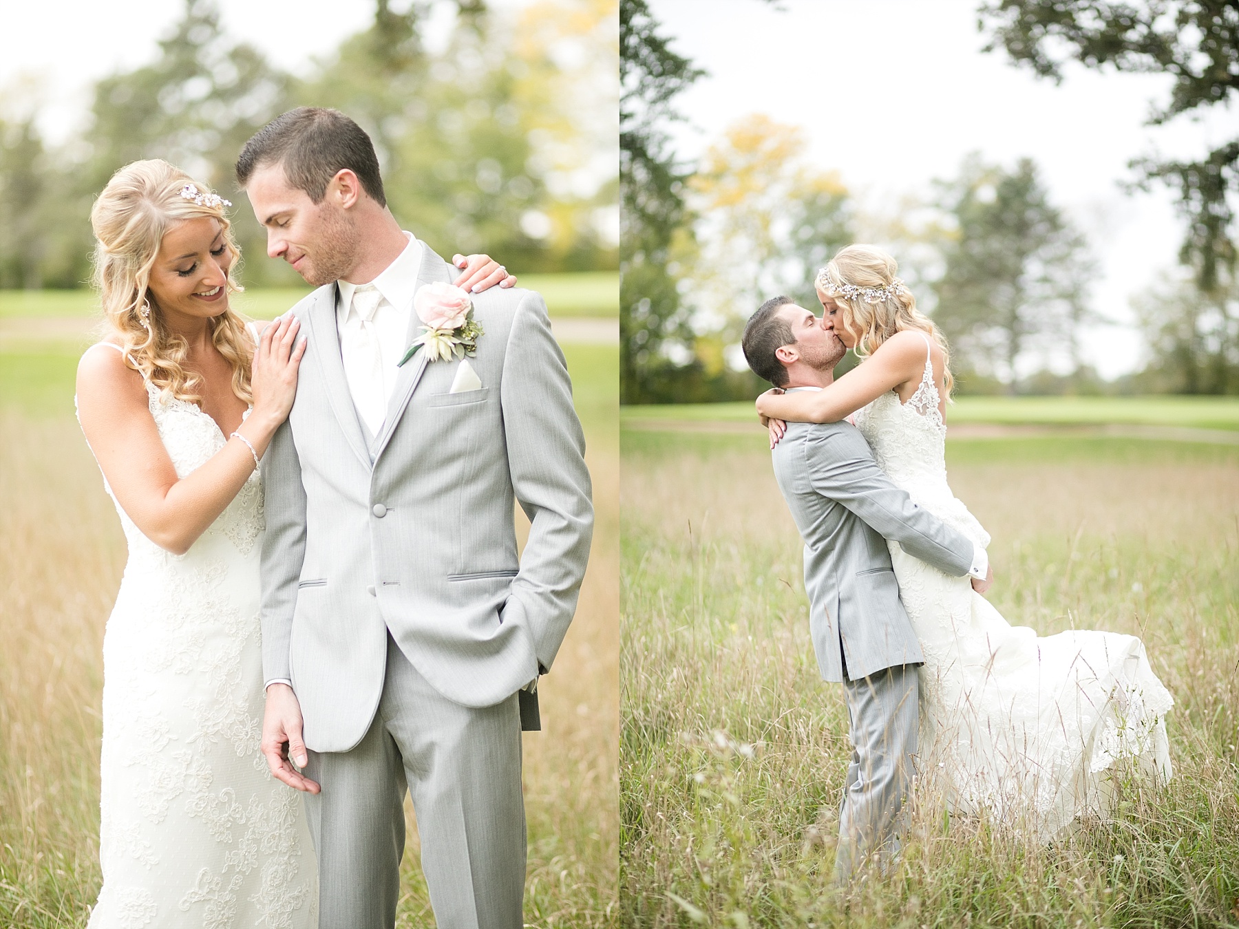 bride and groom in a field at Lake Wissota Golf & Events