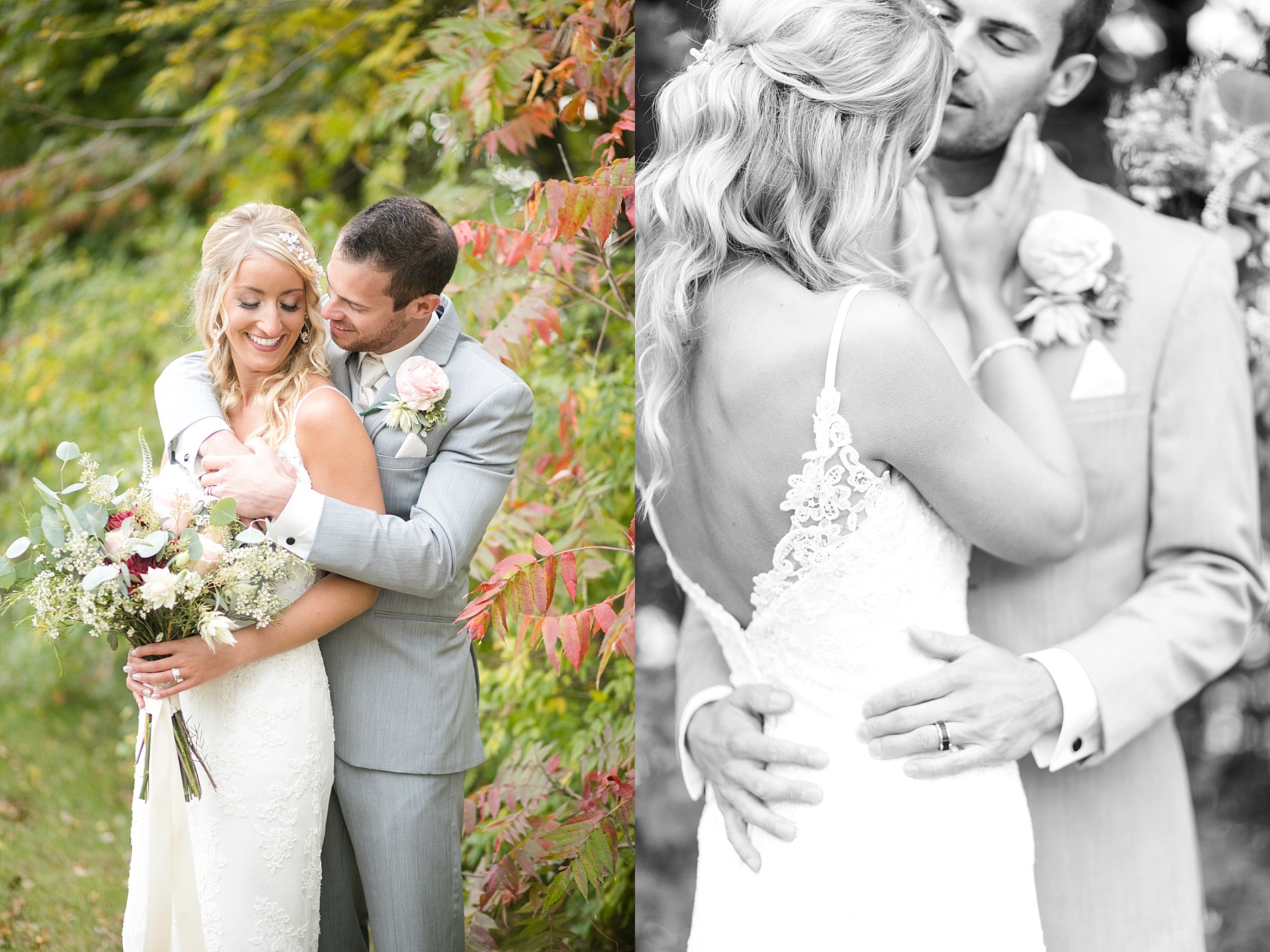 bride and groom with fall colors at Lake Wissota Golf & Events