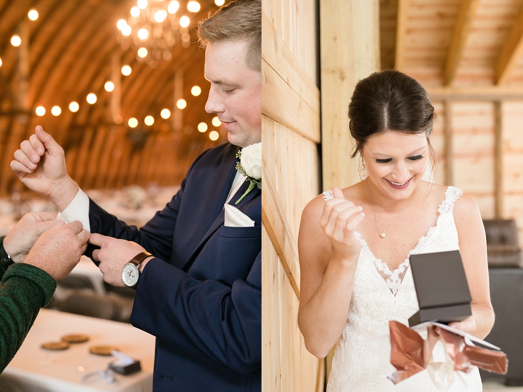 bride and groom opening gifts at the barn on stoney hill