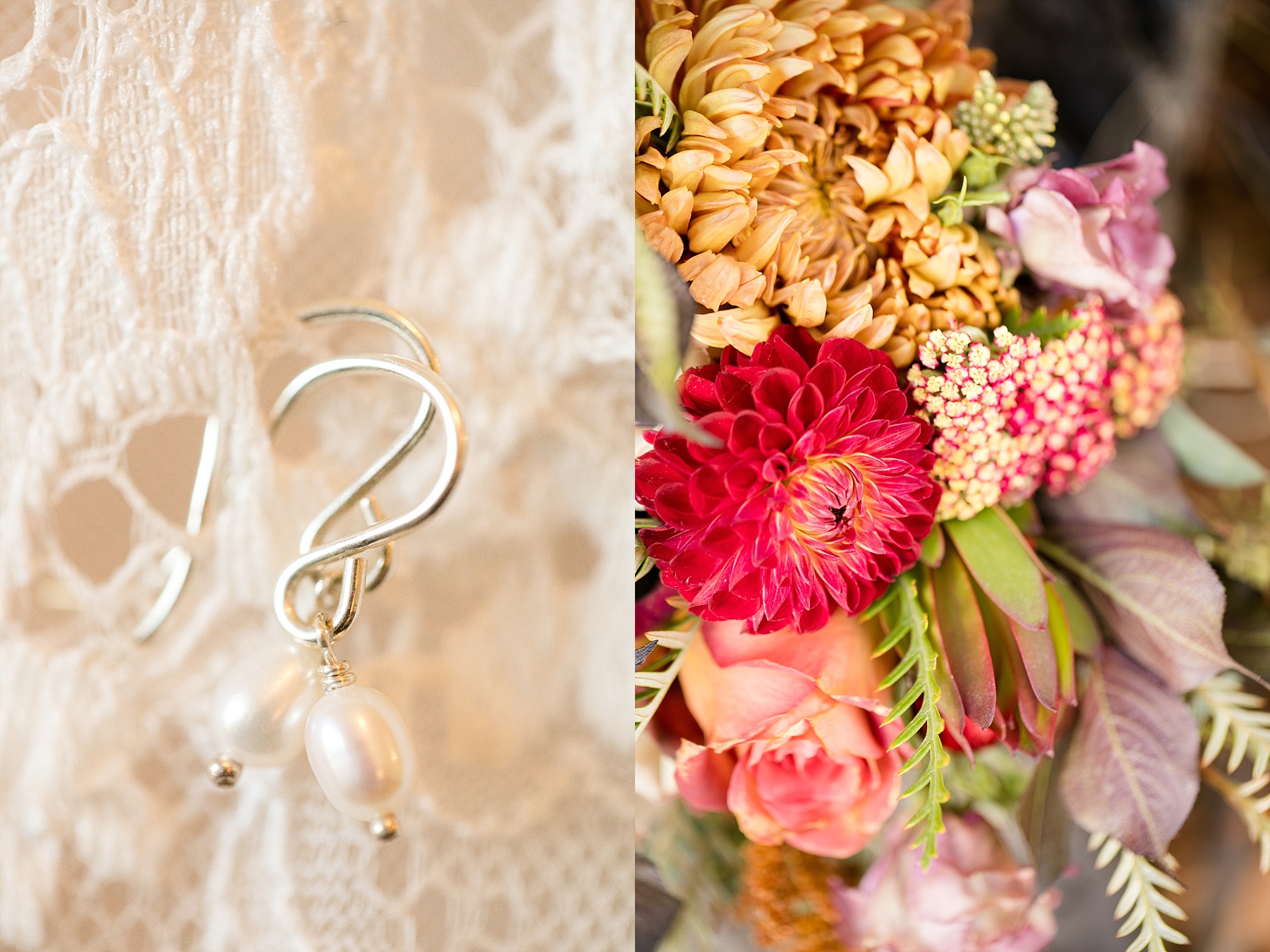 brides earrings and bouquet