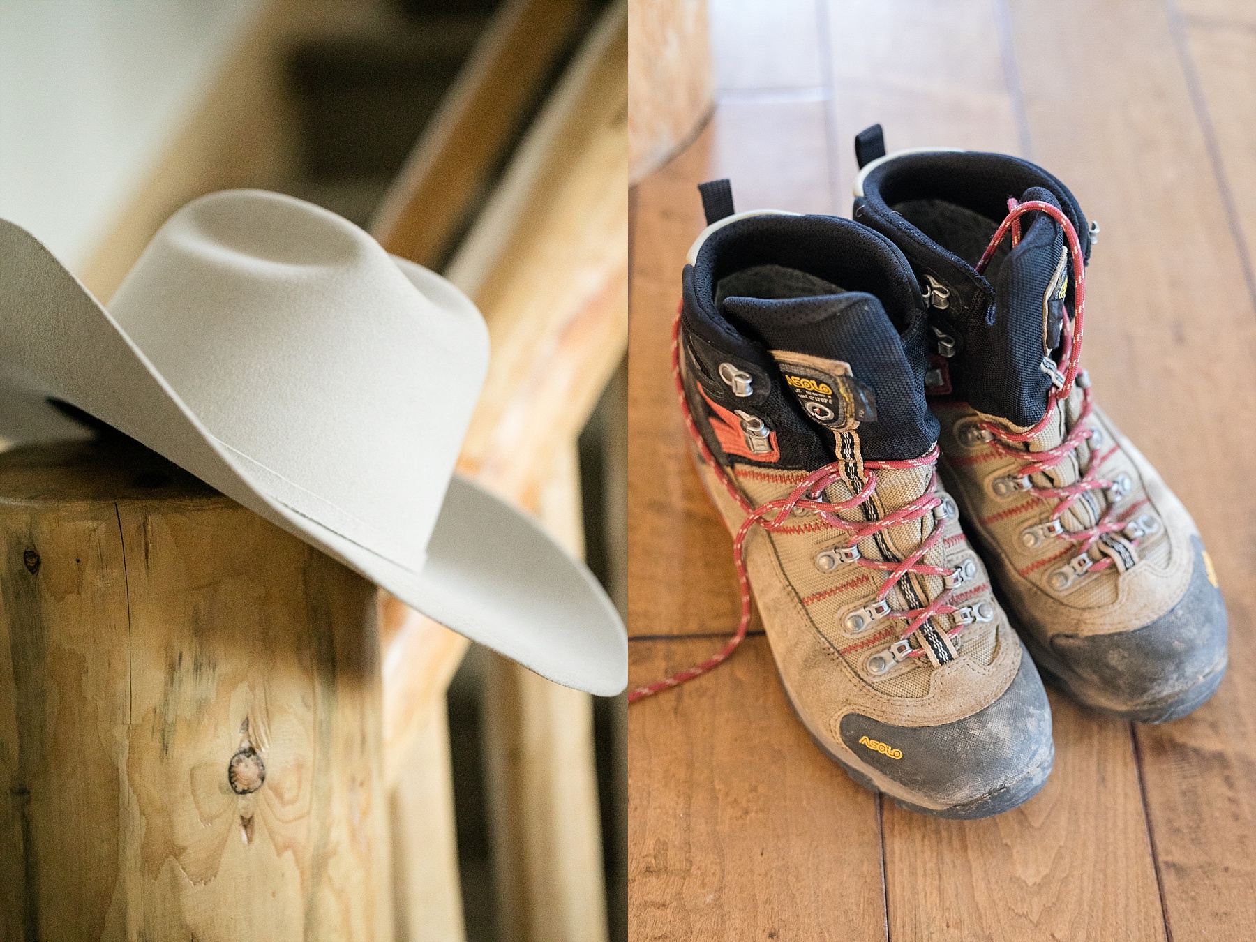 cowboy hat on a railing and grooms hiking boots