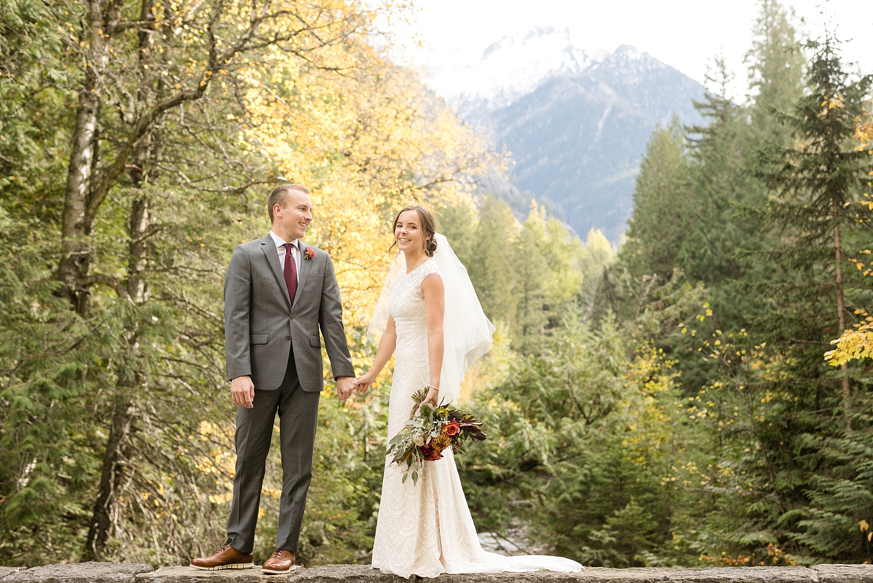 Glacier National Park elopement bride and groom with mountains