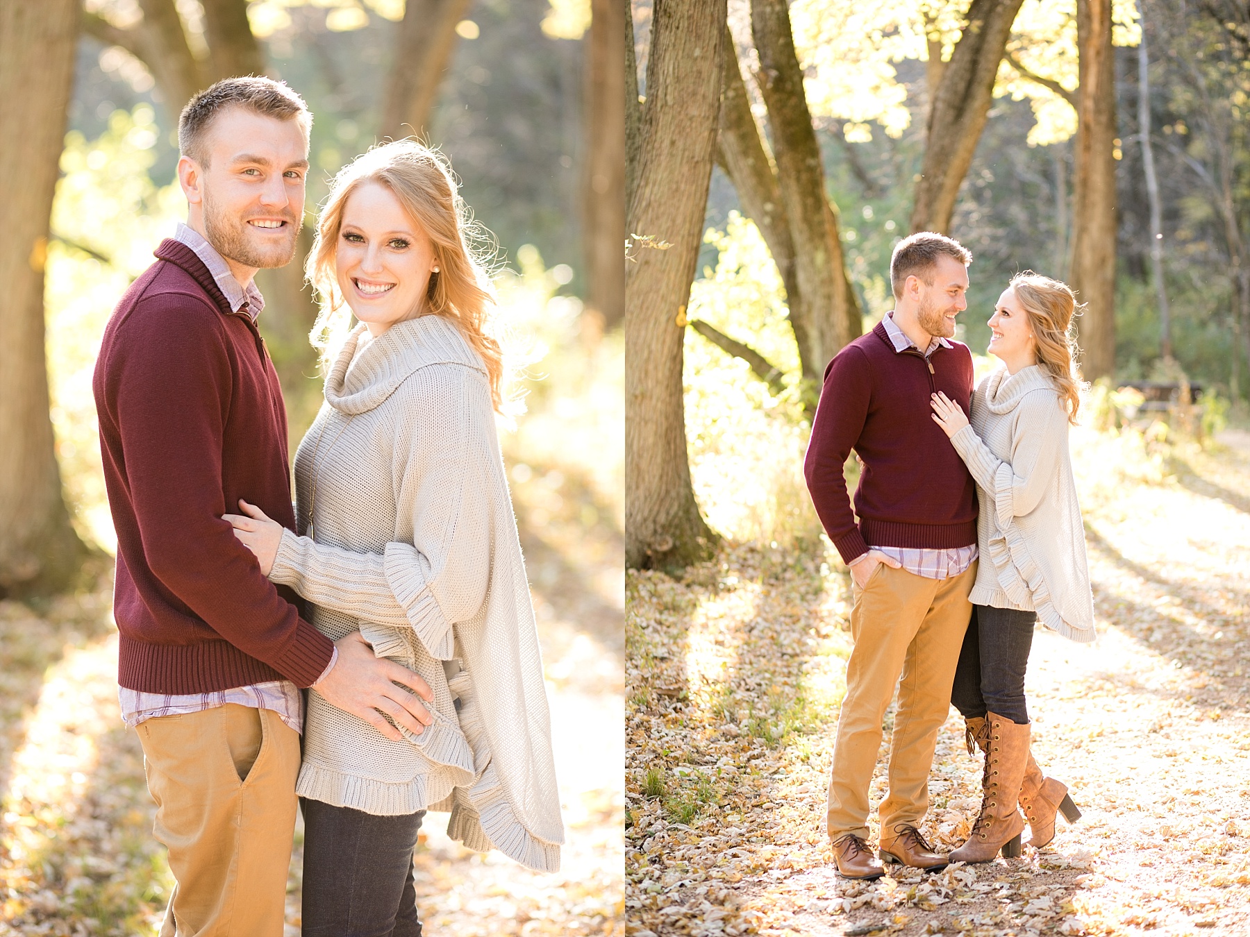 couple looking at camera with fall colors for their Chippewa Falls engagement photos