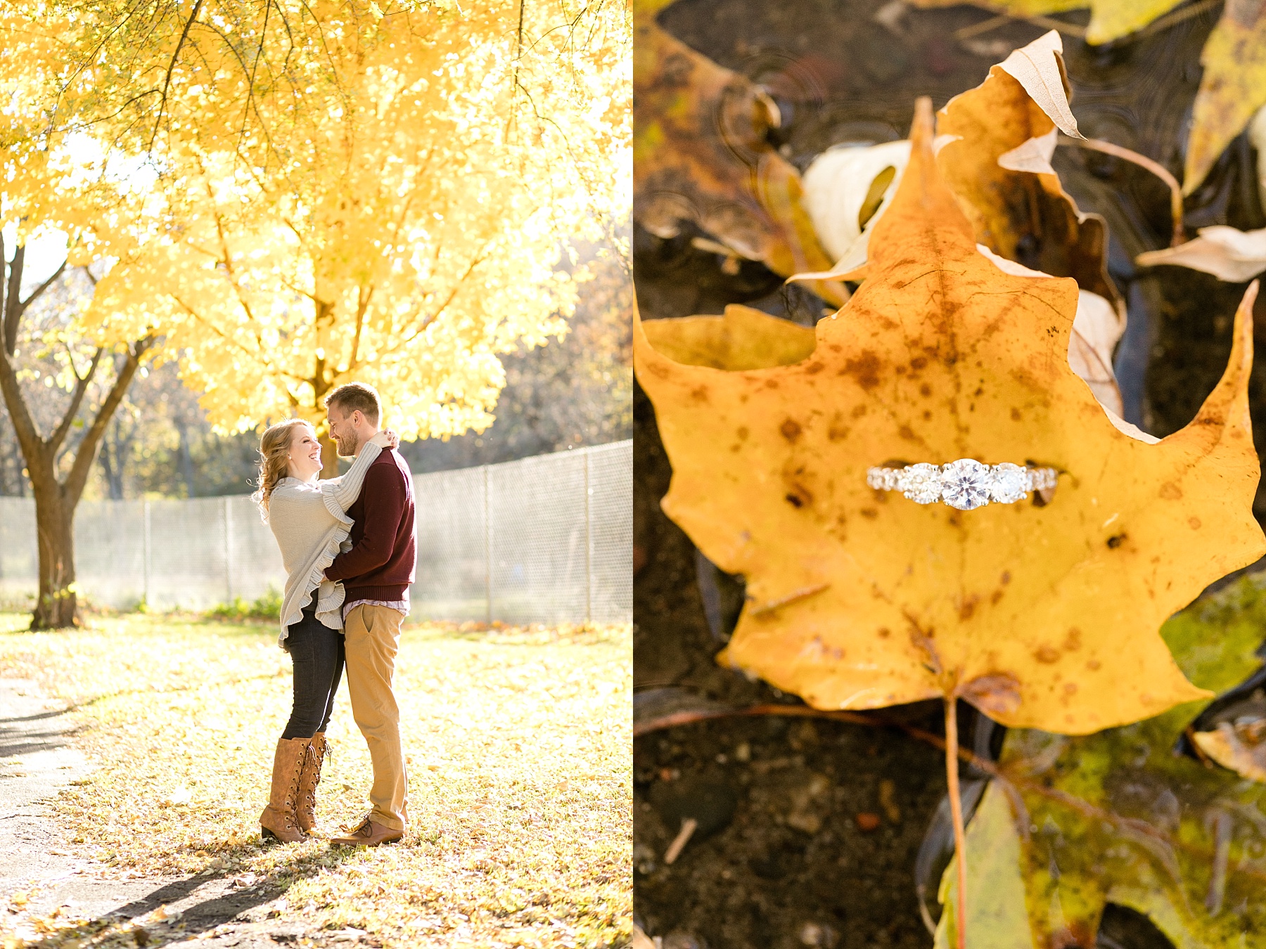 yellow leaf with engagement ring