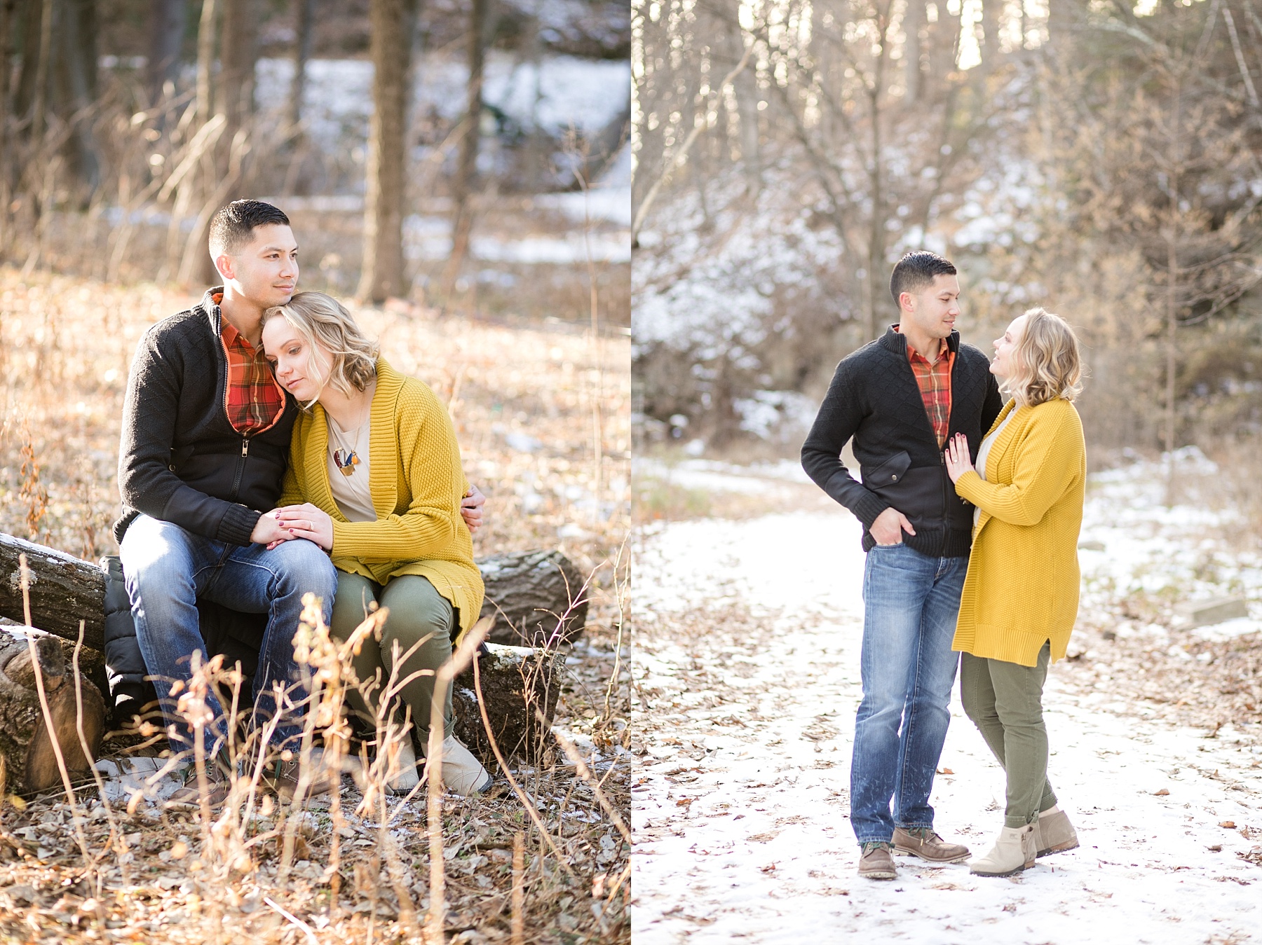 Cuddled on a fallen tree in the snow for a Minneapolis engagement session.