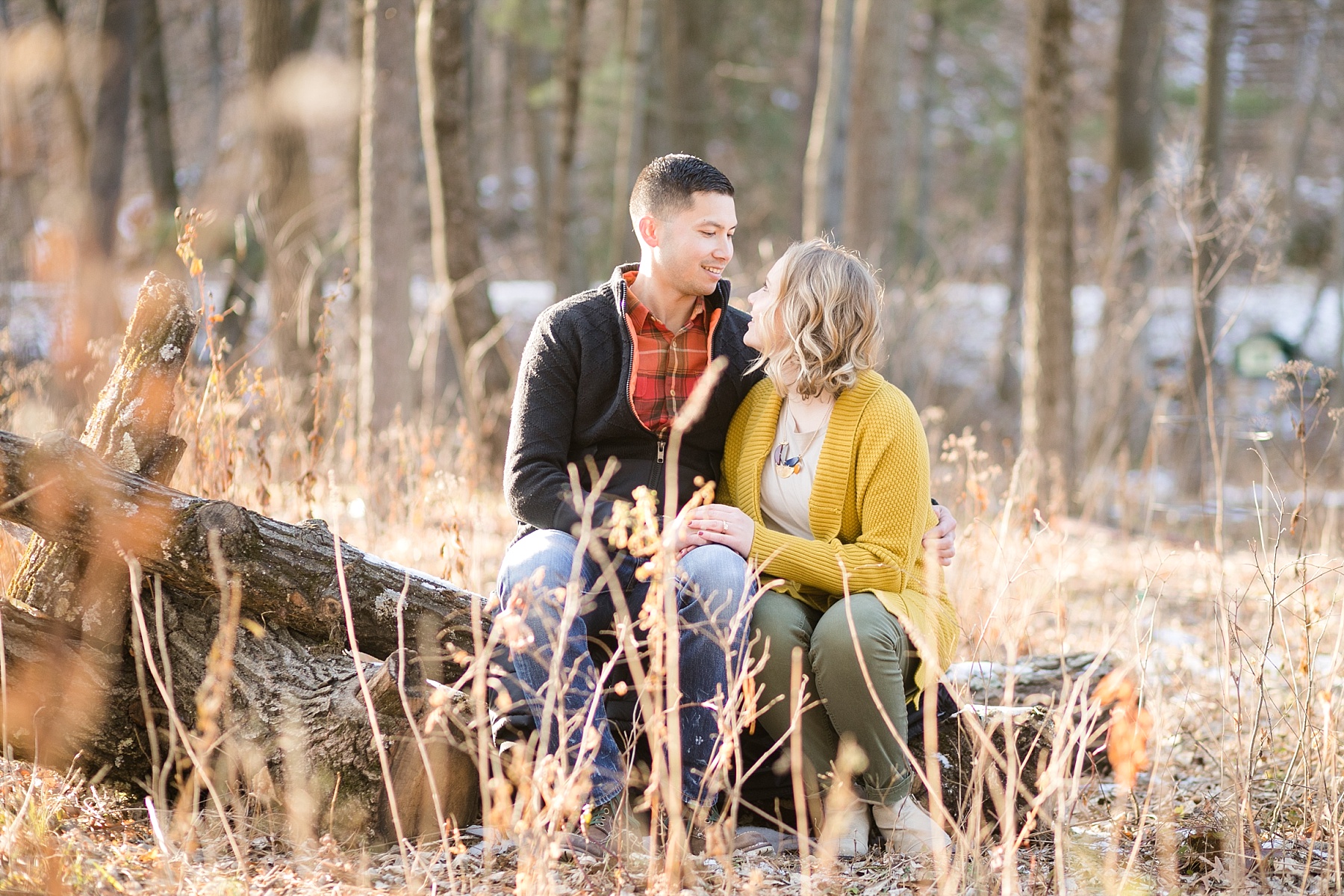 Couple cozy on a fallen tree for their fall engagement photos.