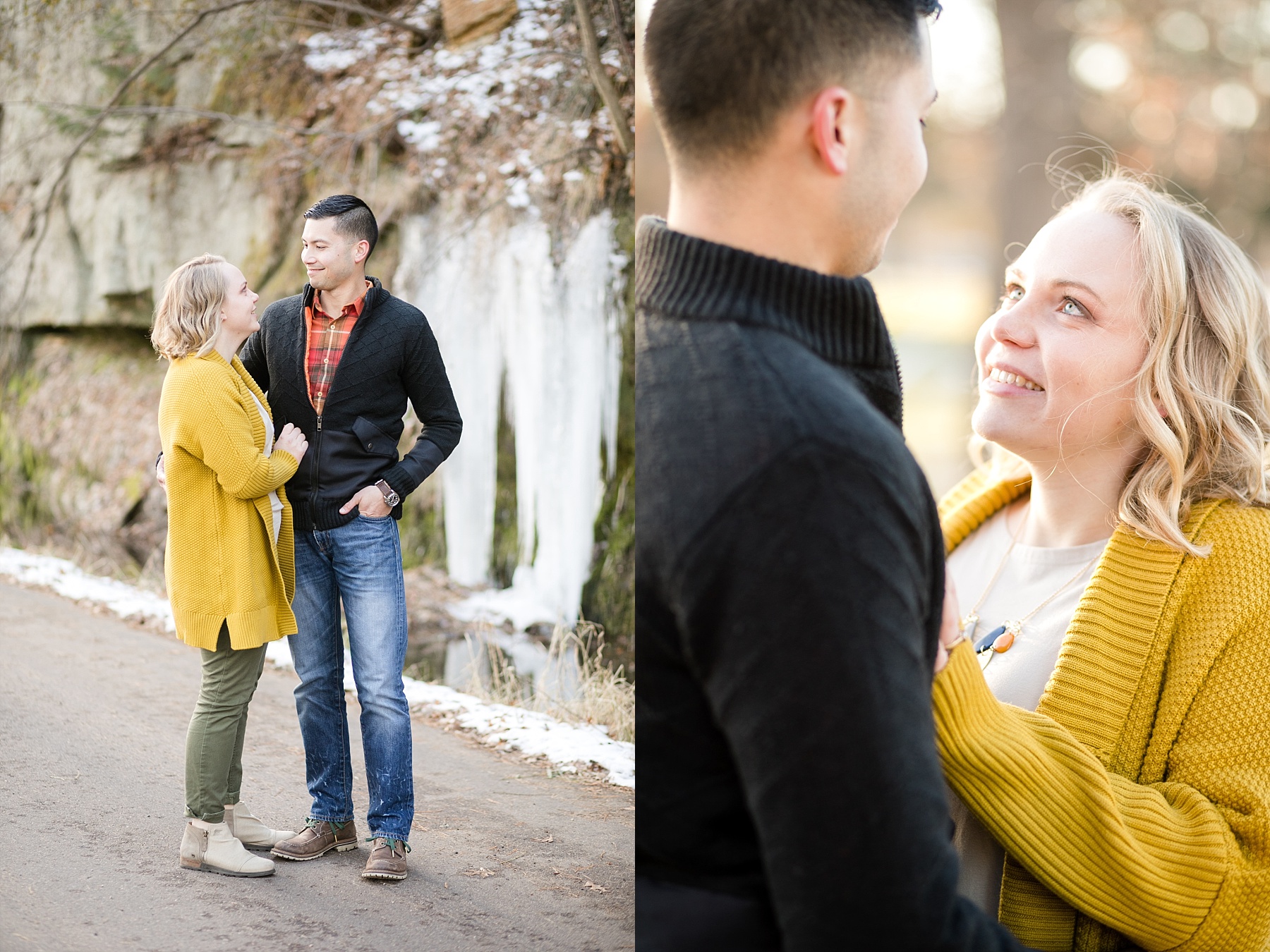 Rock formation engagement photos with ice hanging.