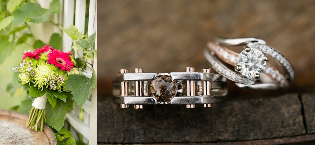 brightly colored bridal bouqet and couples rose gold and white gold rings.