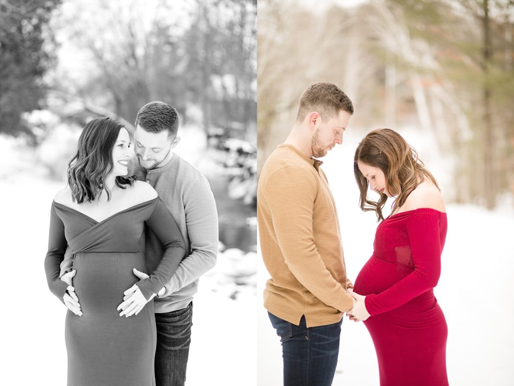 photo of a couple holding her belly in their maternity photos in Eau Claire