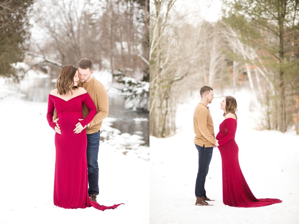 winter maternity photos in Eau Claire on a snow covered road and near a river