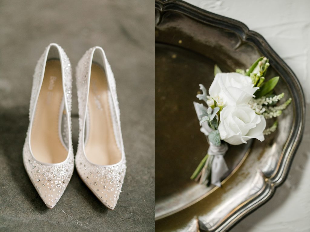 Bella Belle sequin shoes on a concrete floor, grooms boutonniere on a old tray