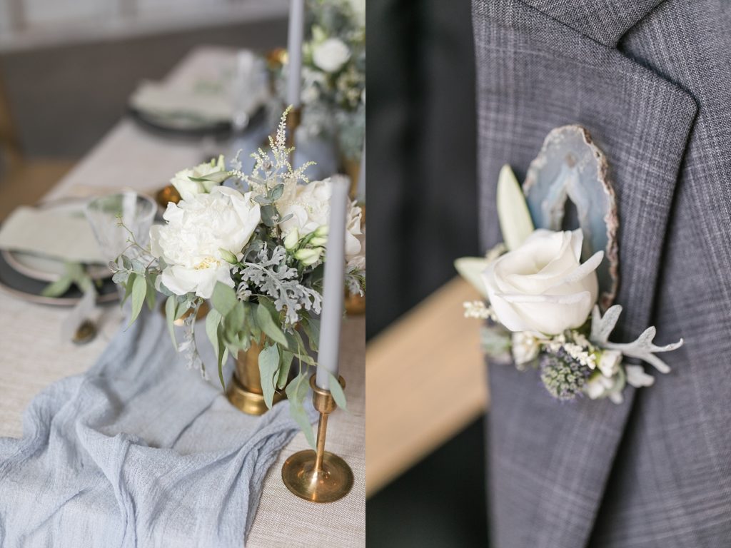 grooms boutonniere with an agate slice pinned onto a striped suit jacket 