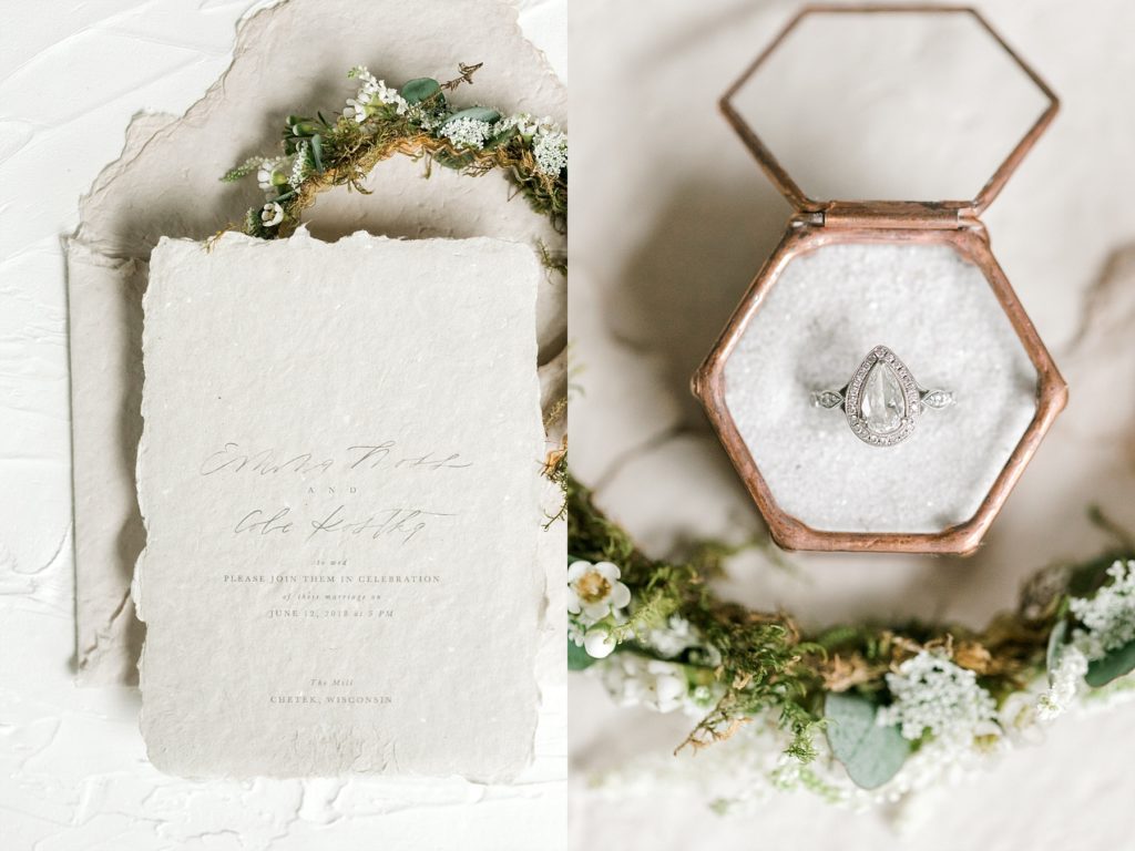 ring in a copper and glass ring box with flowers and wedding invitation