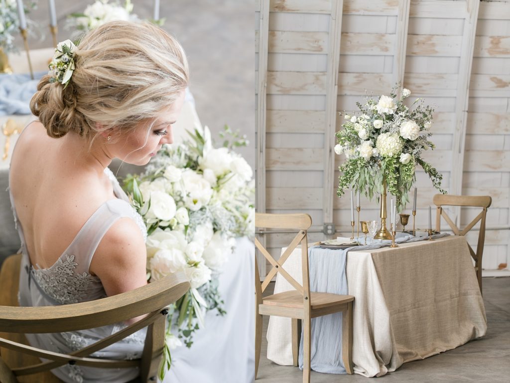 bride sitting at the head table with her bouquet and a photo of the centerpiece of the head table