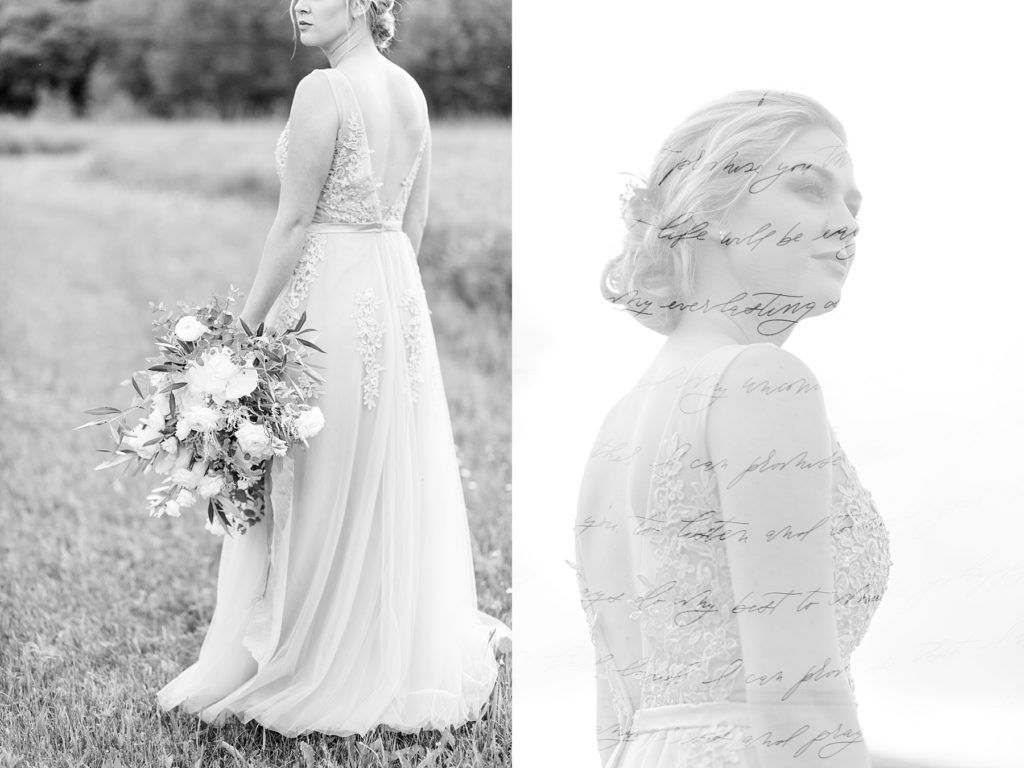 black and white double exposure of a bride and wedding vows on a piece of fabric