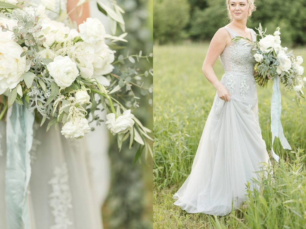 white and green wedding bouquet and bride walking into a field