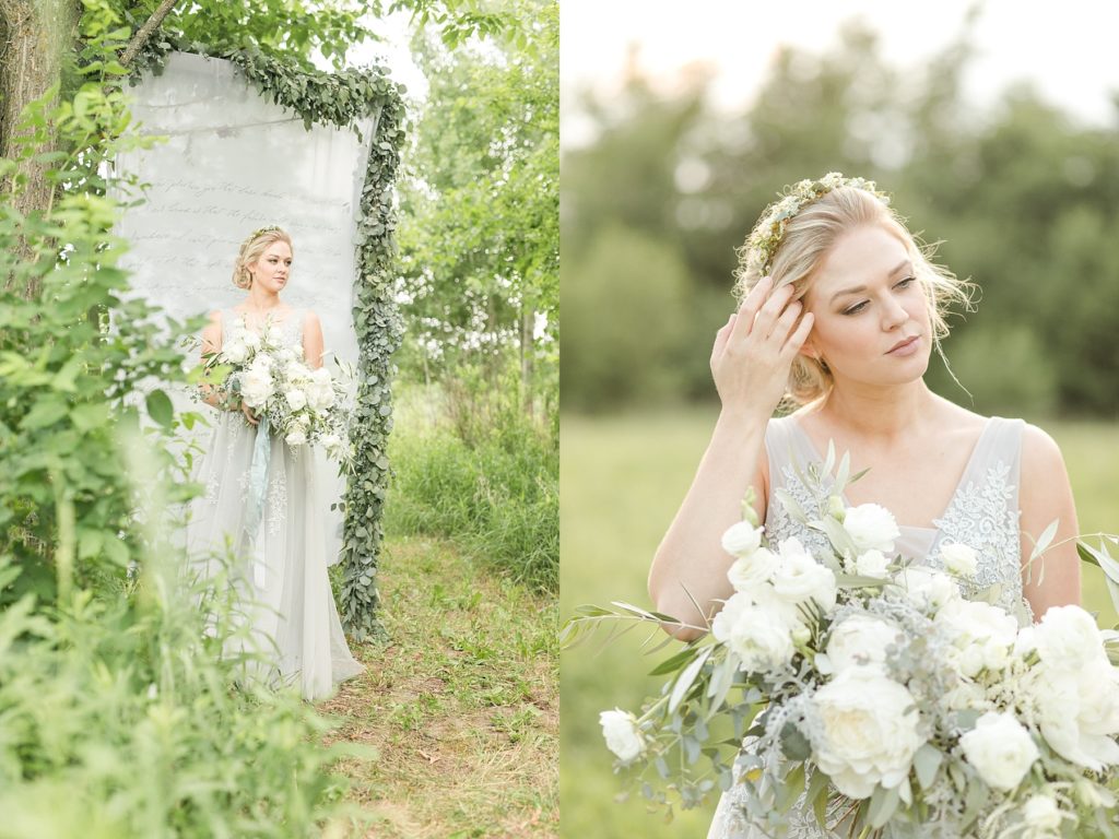 bride with her bouquet in a field