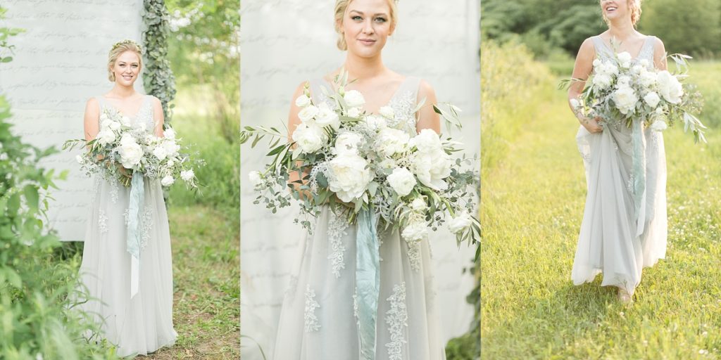 bride with bouquet of white flowers in a field