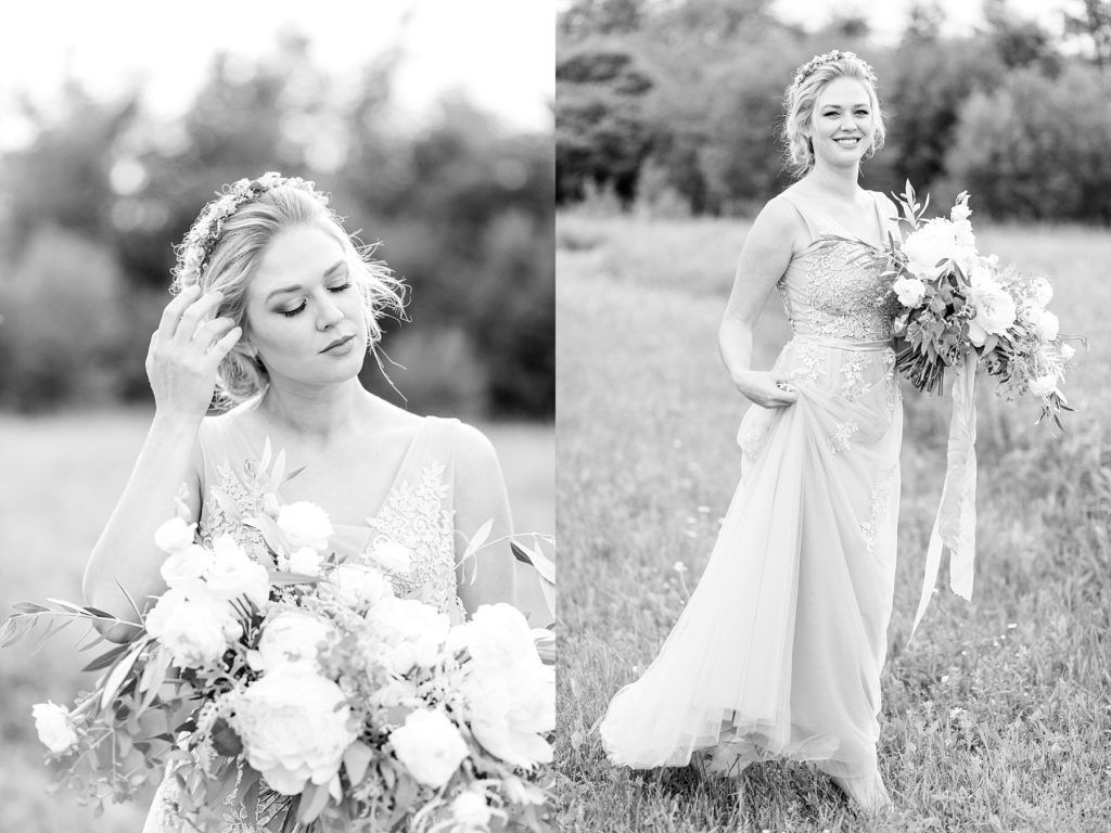 black and white photos of a bride in her dress in a field