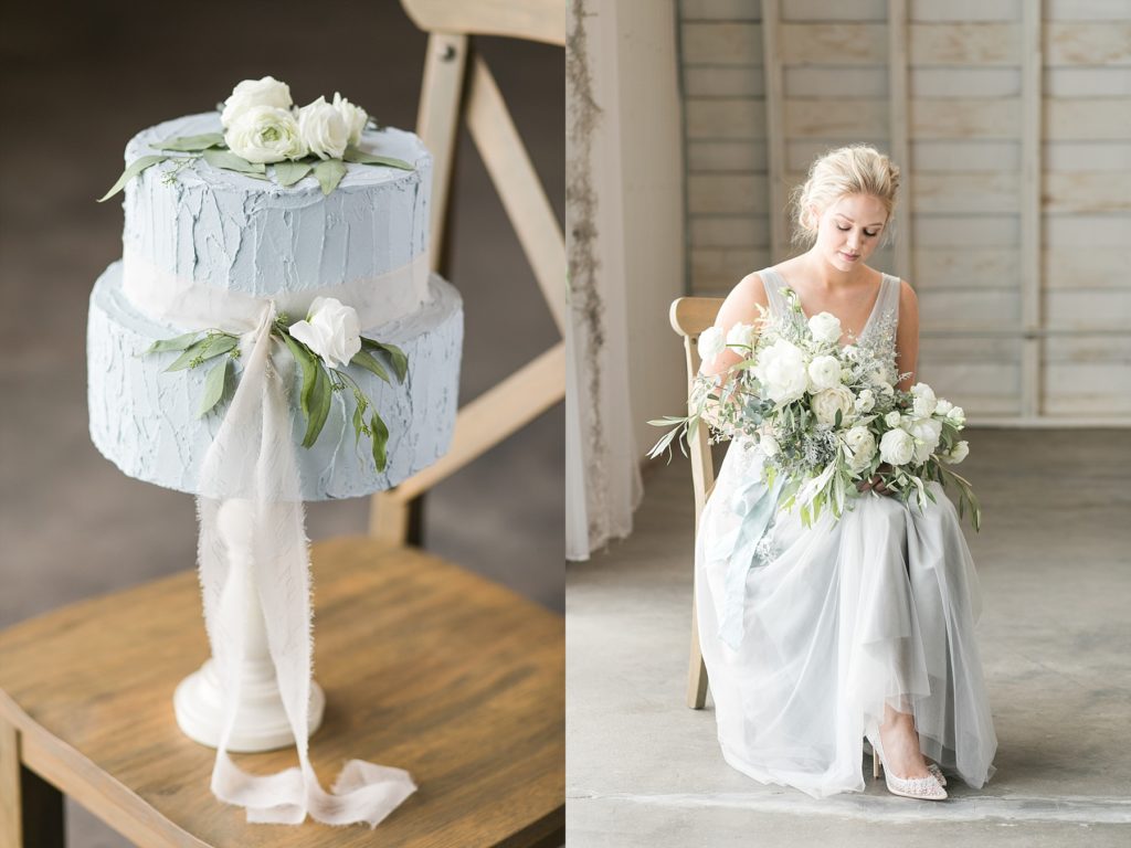 blue wedding cake with ribbon and flowers