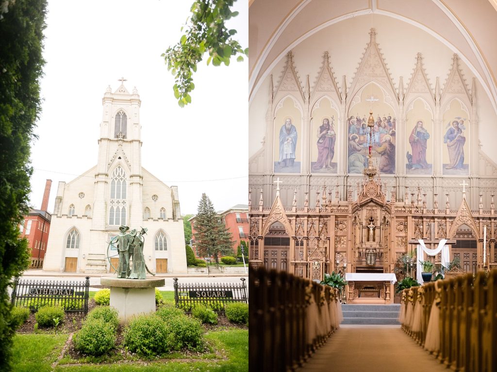 Outside and inside of St. Raphael & St. Patrick Cathedral for a wedding in Dubuque, IA