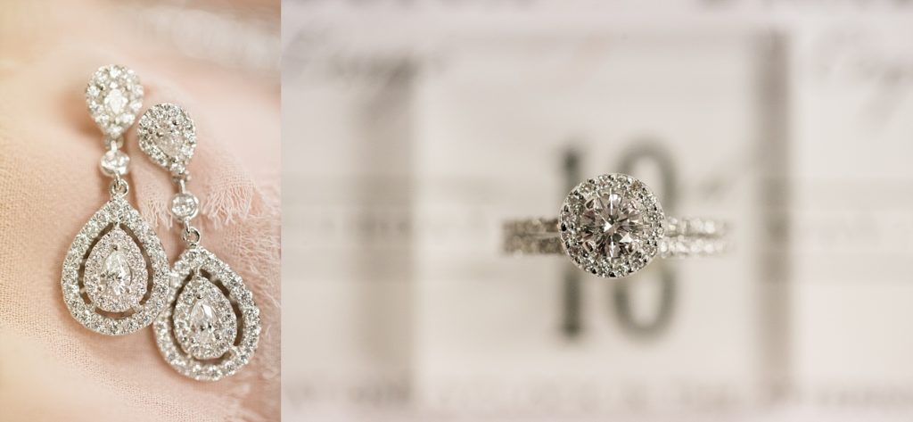 bride's diamond earrings and ring at Wedding at St. Raphael & St. Patrick Cathedral in Dubuque