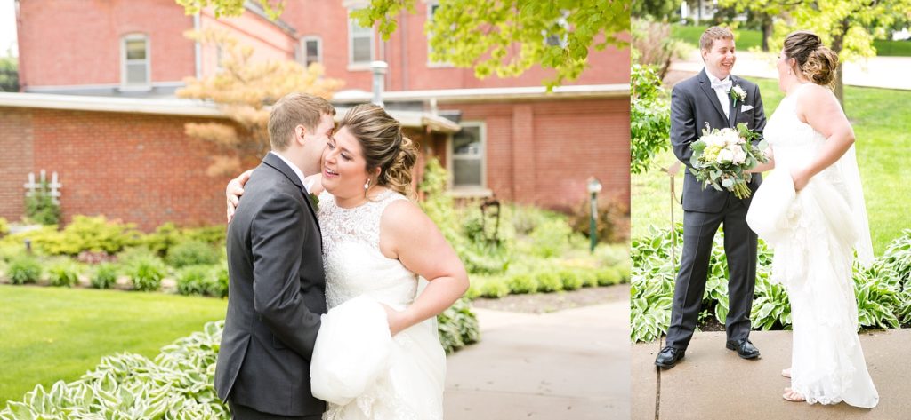 first look outside Wedding at St. Raphael & St. Patrick Cathedral in Dubuque