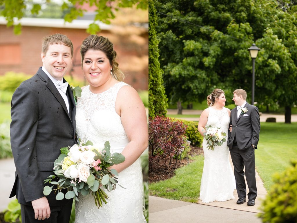 rainy wedding day in Dubuque IA, bride and groom first look portraits