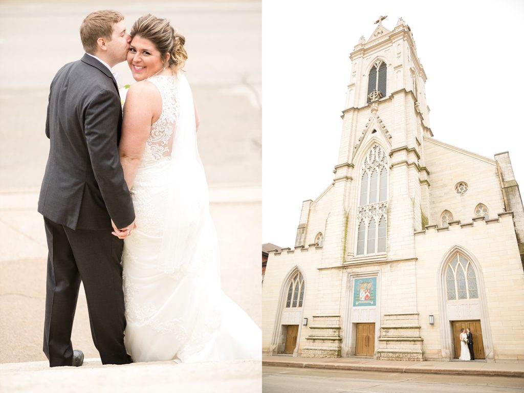 bride and groom stand next to cathedral at Wedding at St. Raphael & St. Patrick Cathedral in Dubuque