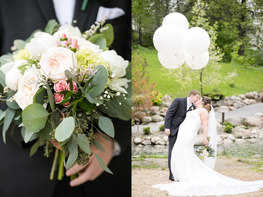 couple with balloons and wedding bouquet at Dubuque Arboretum