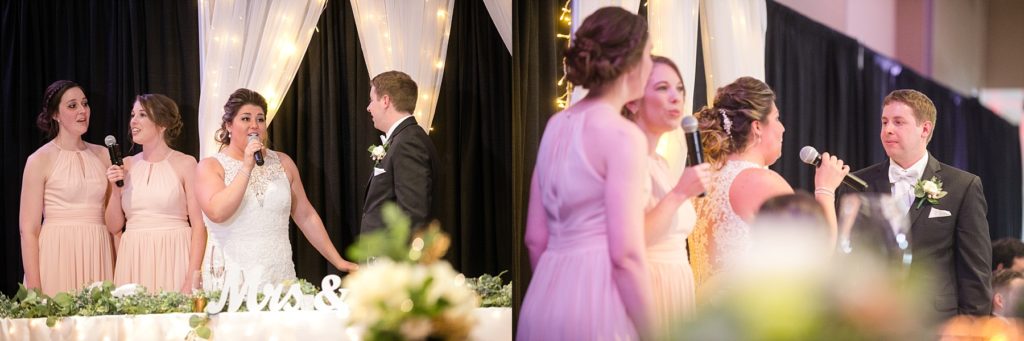bride serenading the groom at a wedding at UW-Platteville Ullsvik Hall