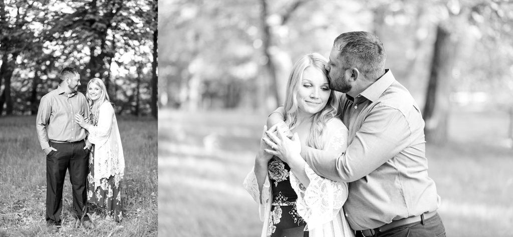 two black and white photos of a couple at Brunet Island State Park in Cornell, WI