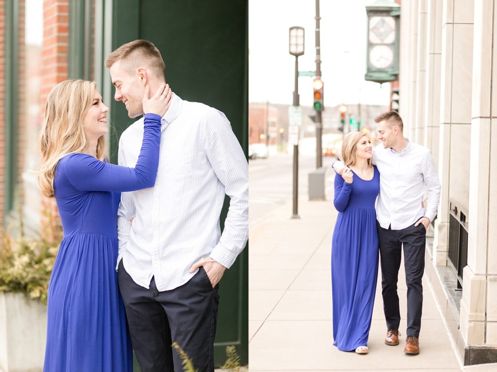 Rachel & AJ's downtown Chippewa Falls engagement session with stoplights in the background.