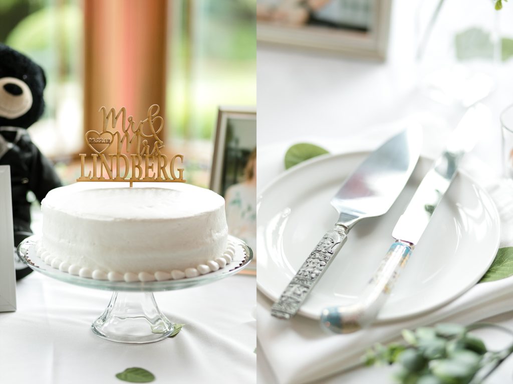 bride and grooms wedding cake and serving utensils at wedding atThe Florian Gardens in Eau Claire