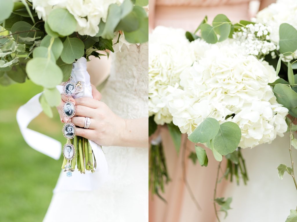 bouquets and bouquet charms at wedding atThe Florian Gardens in Eau Claire