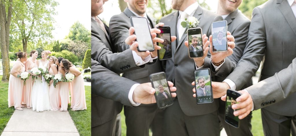 bridesmaids in vertical photo and groomsmen with selfies on phone screens at wedding atThe Florian Gardens in Eau Claire