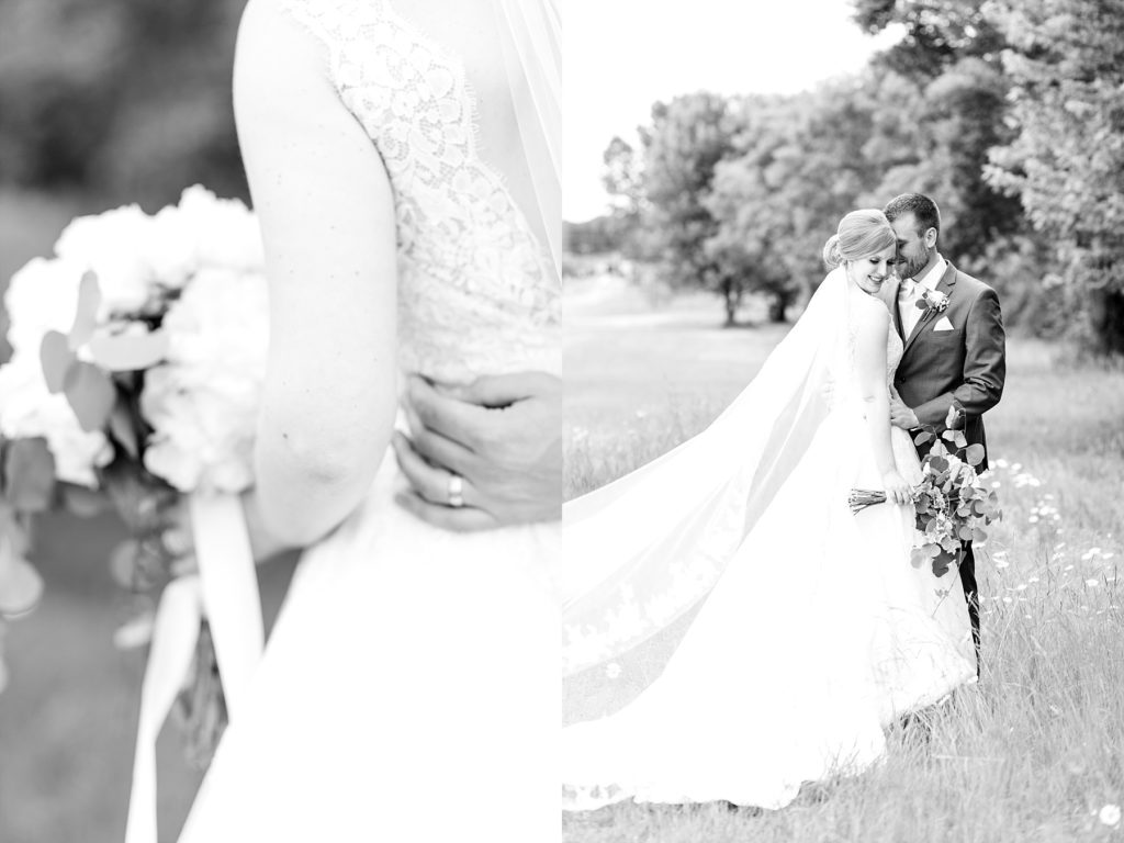 black and white photos of bride and groom at wedding atThe Florian Gardens in Eau Claire