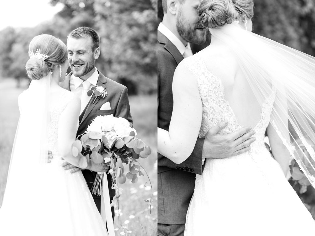 black and white photos of the bride and groom at wedding atThe Florian Gardens in Eau Claire