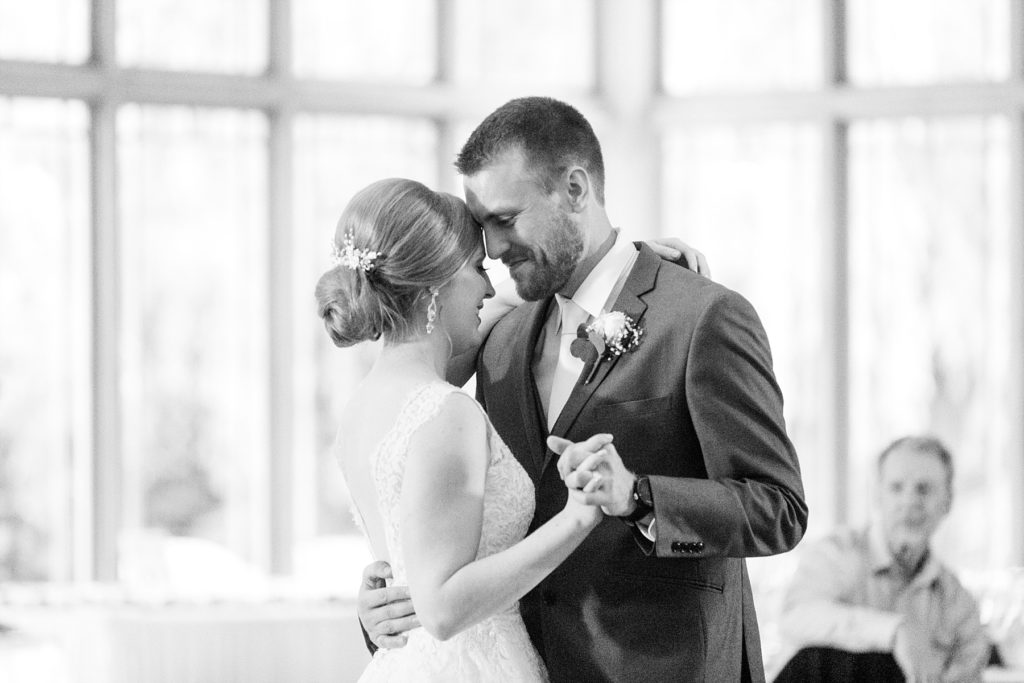 black and white photo of the first dance at wedding atThe Florian Gardens in Eau Claire